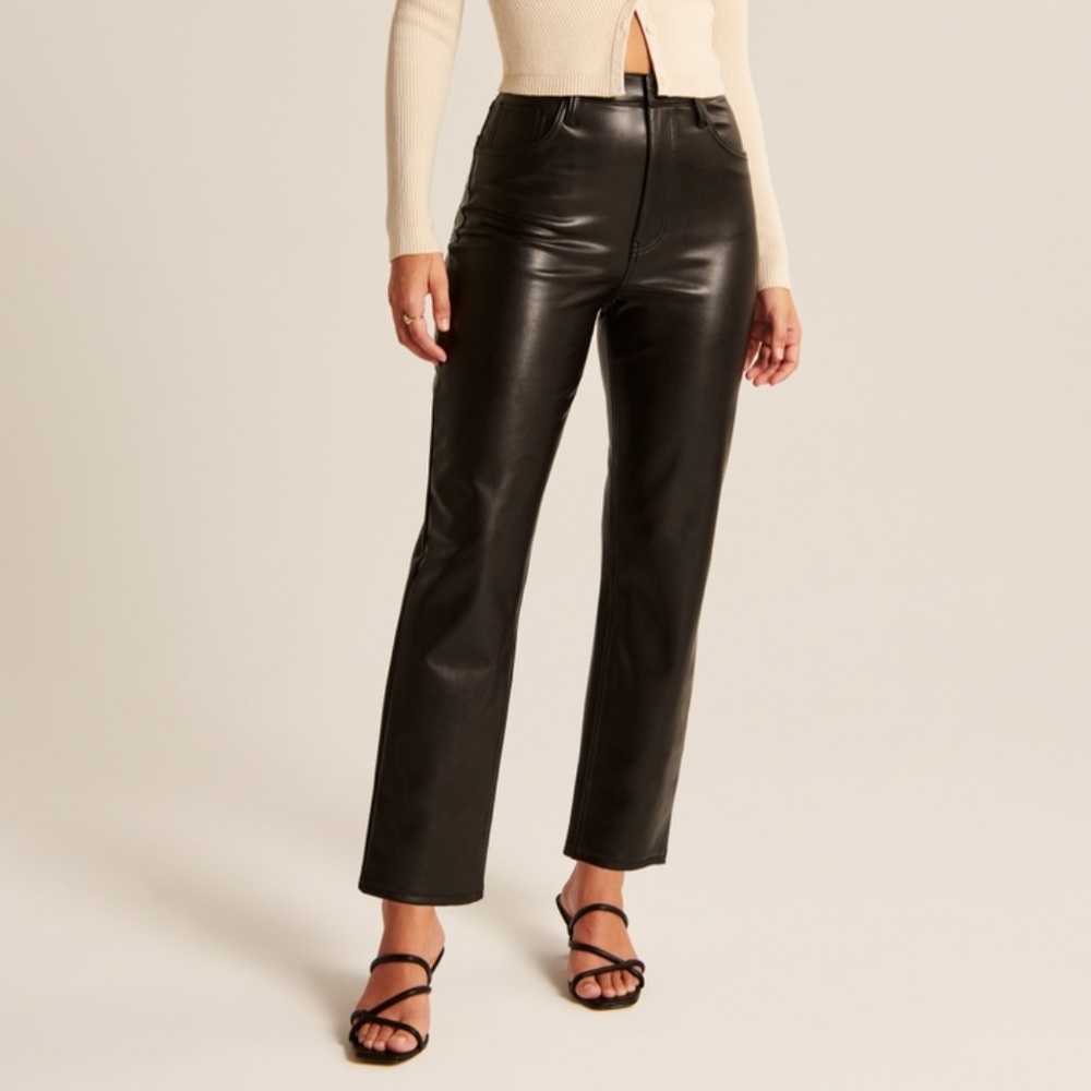 Ultra High Rise, Ankle Straight Pants, Black Vegan Leather